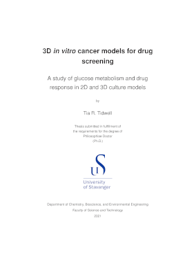 Cover for 3D in vitro cancer models for drug screening: A study of glucose metabolism and drug response in 2D and 3D culture models