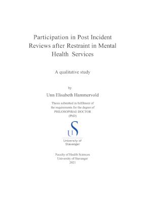 Cover for Participation in Post Incident Reviews after Restraint in Mental Health Services: A qualitative study